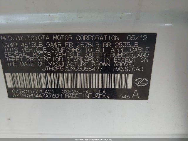 45673953 :رقم المزاد ، JTHCF5C2XC5058497 vin ، 2012 Lexus Is 250 مزاد بيع