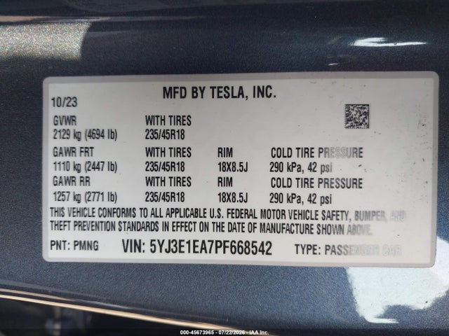 Продаж на аукціоні авто 2023 Tesla Model 3 Rear-wheel Drive, vin: 5YJ3E1EA7PF668542, номер лоту: 45673965
