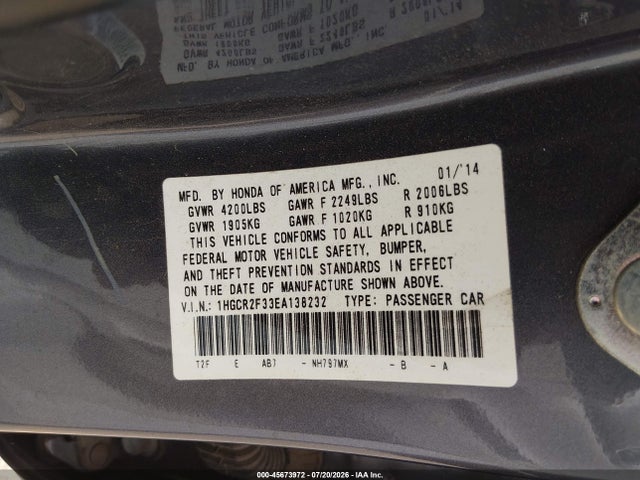 Honda ACCORD LX 2014 1HGCR2F33EA138232 Image 9