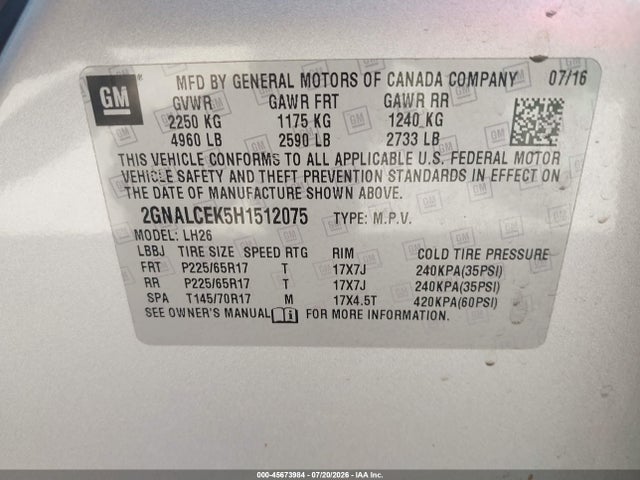 Chevrolet EQUINOX LT 2017 2GNALCEK5H1512075 Image 9
