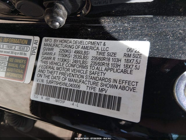 2022 Honda Cr-v Hybrid Ex მანქანა იყიდება აუქციონზე, vin: 5J6RT6H5XNL040006, აუქციონის ნომერი: 45674020