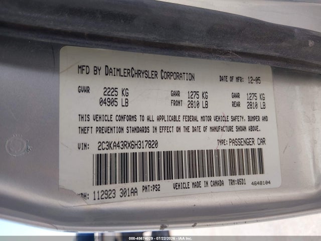45674029 :رقم المزاد ، 2C3KA43RX6H317820 vin ، 2006 Chrysler 300 مزاد بيع