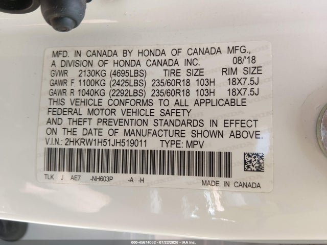 Продажа на аукционе авто 2018 Honda Cr-v Ex, vin: 2HKRW1H51JH519011, номер лота: 45674032