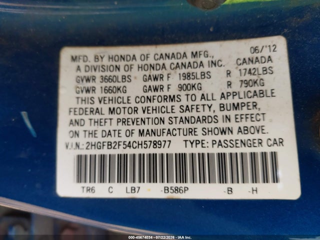 2012 Honda Civic Lx მანქანა იყიდება აუქციონზე, vin: 2HGFB2F54CH578977, აუქციონის ნომერი: 45674034