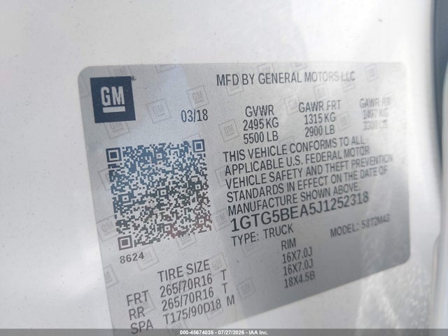 45674035 :رقم المزاد ، 1GTG5BEA5J1252318 vin ، 2018 Gmc Canyon مزاد بيع