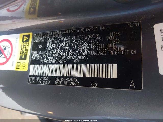 Aukcja sprzedaży 2012 Lexus Rx 350, vin: 2T2BK1BA9CC135224, numer aukcji: 45674040