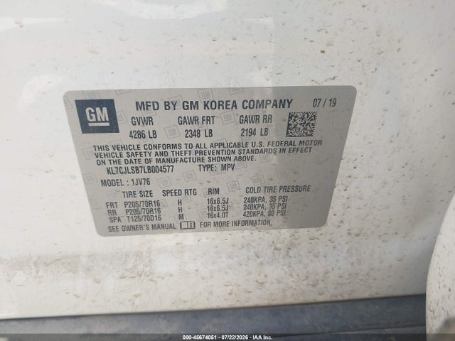 Aukcja sprzedaży 2020 Chevrolet Trax Fwd Lt, vin: KL7CJLSB7LB004577, numer aukcji: 45674051