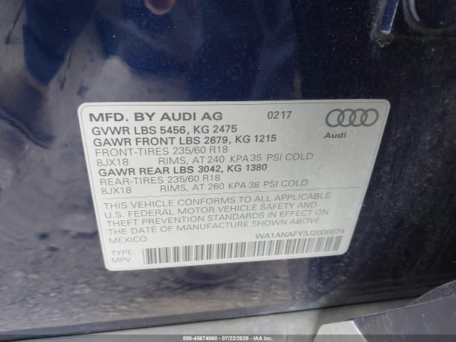 Aukcja sprzedaży 2018 Audi Q5 2.0t Premium/2.0t Tech Premium, vin: WA1ANAFY3J2006674, numer aukcji: 45674060