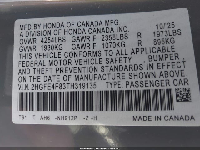 Aukcja sprzedaży 2026 Honda Civic Hybrid Sport/sport Touring, vin: 2HGFE4F83TH319135, numer aukcji: 45674075
