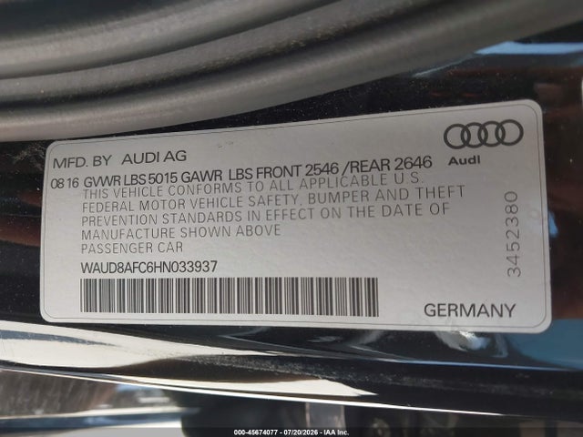 Aukcja sprzedaży 2017 Audi A6 Premium Plus, vin: WAUD8AFC6HN033937, numer aukcji: 45674077
