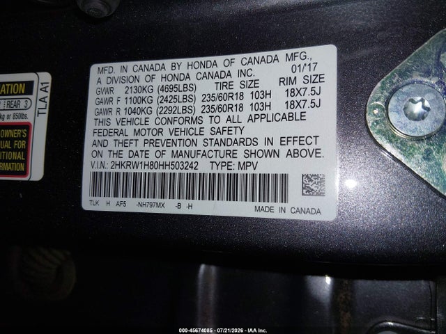 Auction sale of the 2017 Honda Cr-v Ex-l/ex-l Navi, vin: 2HKRW1H80HH503242, lot number: 45674085