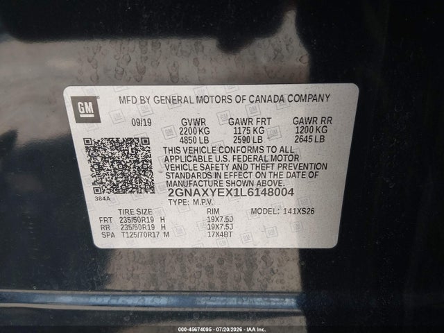 45674095 :رقم المزاد ، 2GNAXYEX1L6148004 vin ، 2020 Chevrolet Equinox Awd Premier 2.0l Turbo مزاد بيع