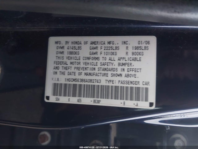 2006 Honda Accord 2.4 Se მანქანა იყიდება აუქციონზე, vin: 1HGCM56386A082743, აუქციონის ნომერი: 45674120