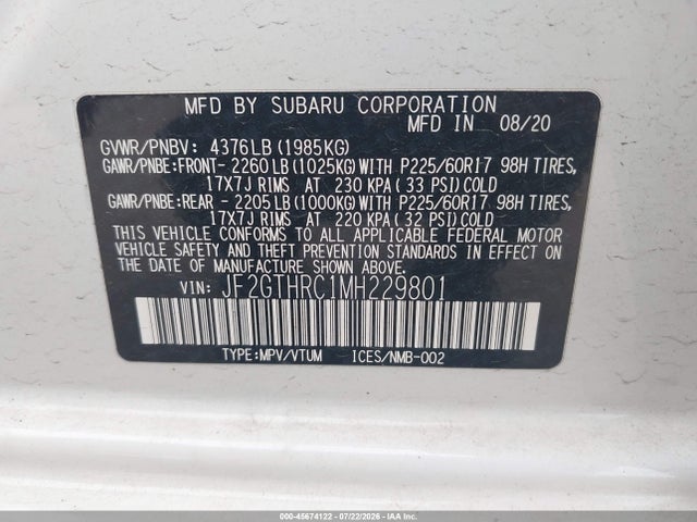 Aukcja sprzedaży 2021 Subaru Crosstrek Sport, vin: JF2GTHRC1MH229801, numer aukcji: 45674122