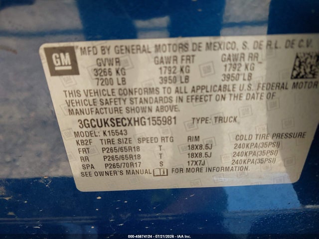 45674124 :رقم المزاد ، 3GCUKSECXHG155981 vin ، 2017 Chevrolet Silverado 1500 Ltz مزاد بيع