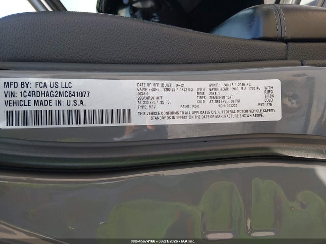 45674166 :رقم المزاد ، 1C4RDHAG2MC641077 vin ، 2021 Dodge Durango Sxt Plus Rwd مزاد بيع