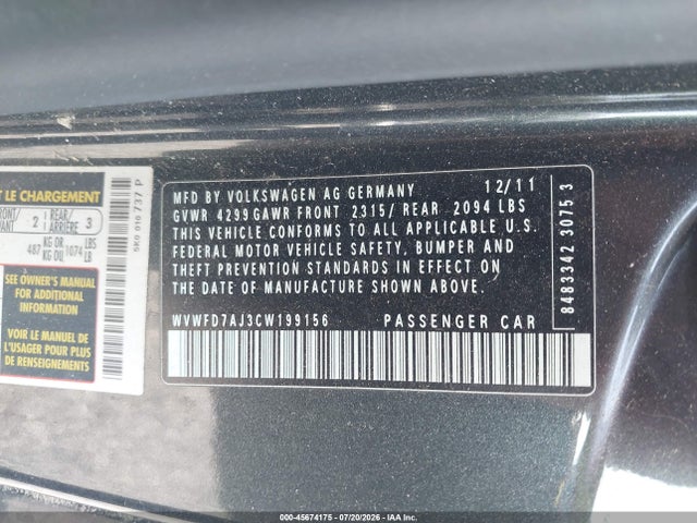 2012 Volkswagen Gti 2-door მანქანა იყიდება აუქციონზე, vin: WVWFD7AJ3CW199156, აუქციონის ნომერი: 45674175