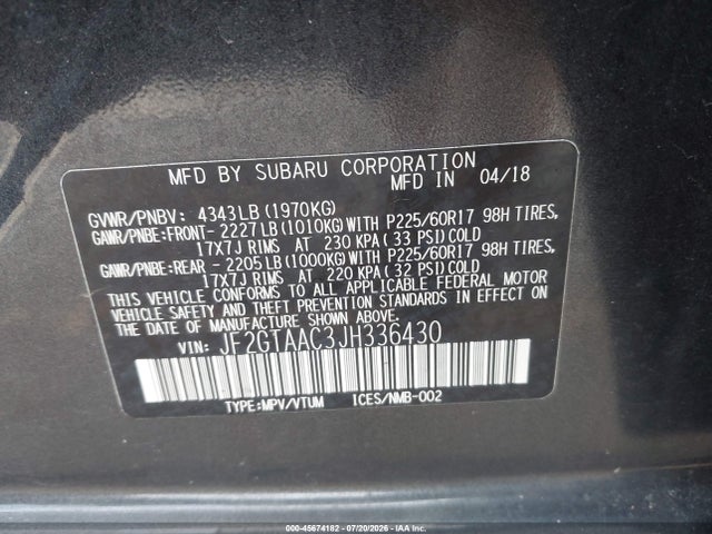 Aukcja sprzedaży 2018 Subaru Crosstrek 2.0i, vin: JF2GTAAC3JH336430, numer aukcji: 45674182