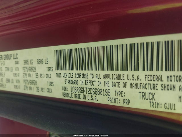 2013 Ram 1500 Laramie მანქანა იყიდება აუქციონზე, vin: 1C6RR6NT2DS680195, აუქციონის ნომერი: 45674188