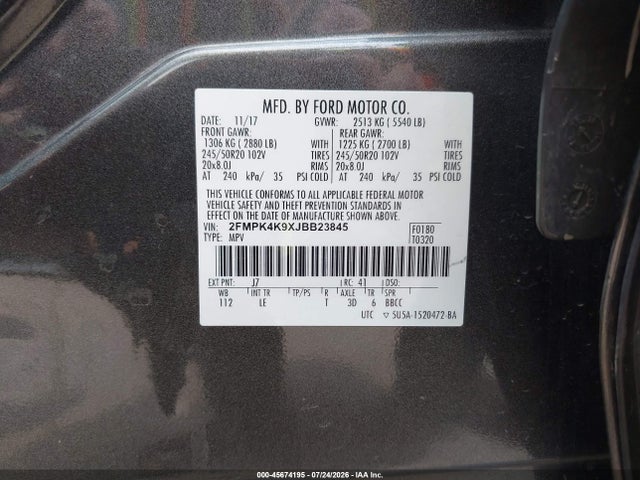 Aukcja sprzedaży 2018 Ford Edge Titanium, vin: 2FMPK4K9XJBB23845, numer aukcji: 45674195