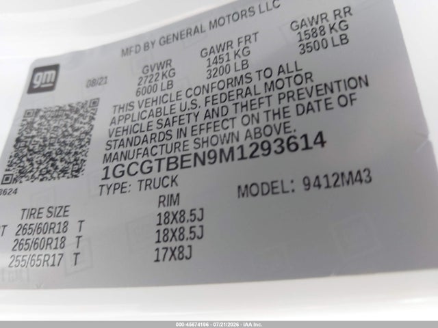 Aukcja sprzedaży 2021 Chevrolet Colorado 4wd  Short Box Wt, vin: 1GCGTBEN9M1293614, numer aukcji: 45674196