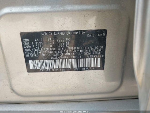 Продаж на аукціоні авто 2019 Subaru Legacy 2.5i Limited, vin: 4S3BNAN68K3030104, номер лоту: 45674202