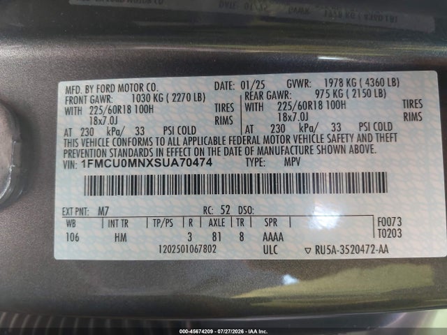 Продаж на аукціоні авто 2025 Ford Escape St-line, vin: 1FMCU0MNXSUA70474, номер лоту: 45674209