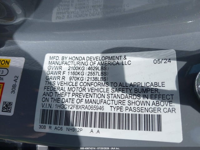 Auction sale of the 2024 Honda Accord Hybrid Touring, vin: 1HGCY2F8XRA065946, lot number: 45674214