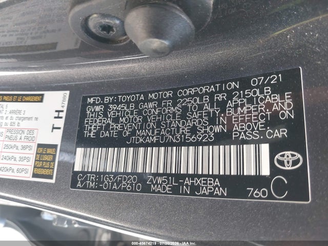 JTDKAMFU7N3156923 Toyota Prius Le