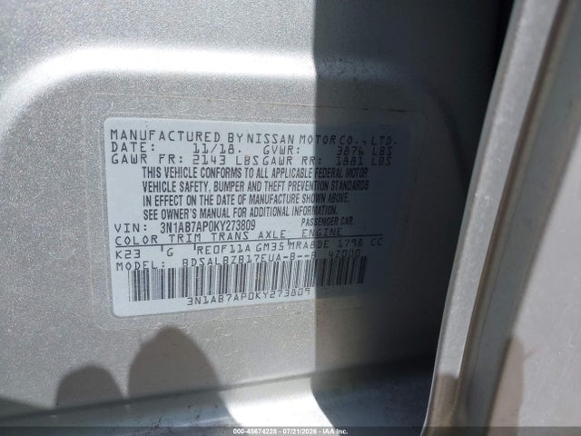2019 Nissan Sentra S მანქანა იყიდება აუქციონზე, vin: 3N1AB7AP0KY273809, აუქციონის ნომერი: 45674228