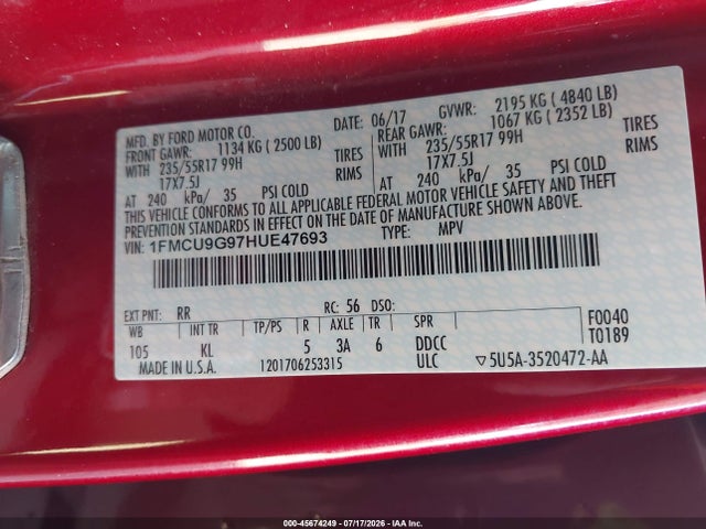 Ford ESCAPE SE 2017 1FMCU9G97HUE47693 Image 9