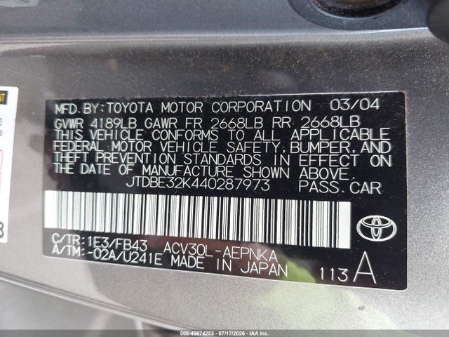 2004 Toyota Camry Le/se/std/xle მანქანა იყიდება აუქციონზე, vin: JTDBE32K440287973, აუქციონის ნომერი: 45674253