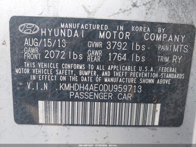 Продажа на аукционе авто 2013 Hyundai Elantra Limited, vin: KMHDH4AE0DU959713, номер лота: 45674257