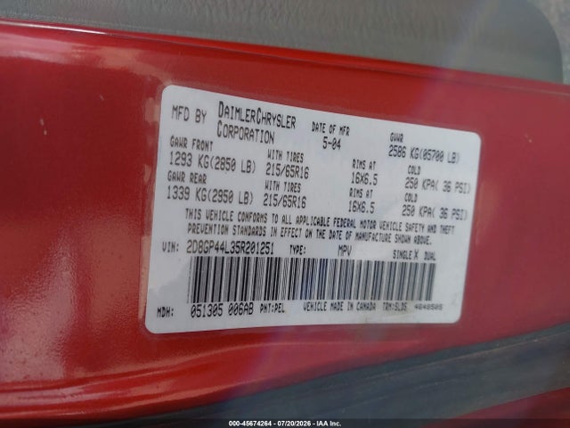 45674264 :رقم المزاد ، 2D8GP44L35R201251 vin ، 2005 Dodge Caravan Sxt مزاد بيع