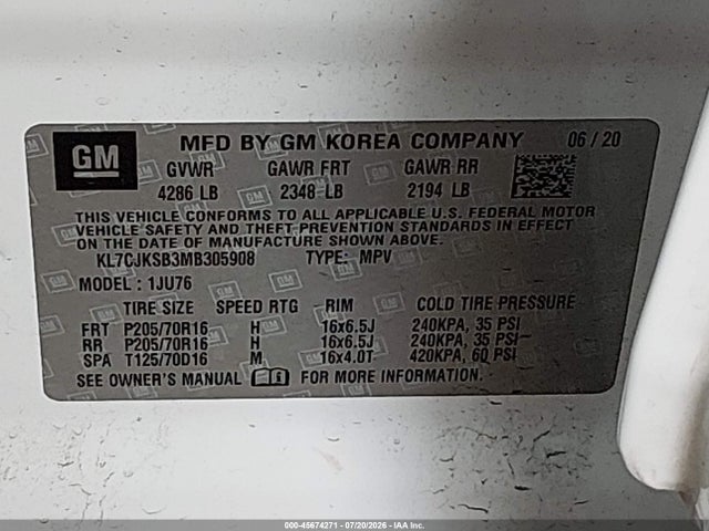 KL7CJKSB3MB305908 Chevrolet Trax Fwd Ls