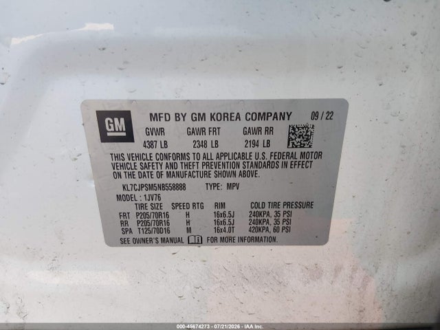 Продажа на аукционе авто 2022 Chevrolet Trax Awd Lt, vin: KL7CJPSM5NB558888, номер лота: 45674273