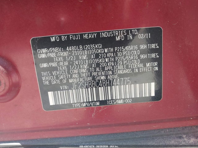 2011 Subaru Forester 2.5x მანქანა იყიდება აუქციონზე, vin: JF2SHBBC4BH744775, აუქციონის ნომერი: 45674276