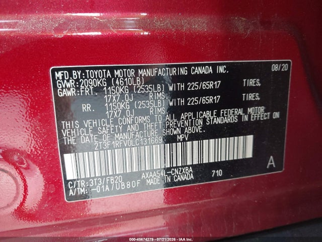 Aukcja sprzedaży 2020 Toyota Rav4 Le, vin: 2T3F1RFV0LC131669, numer aukcji: 45674279