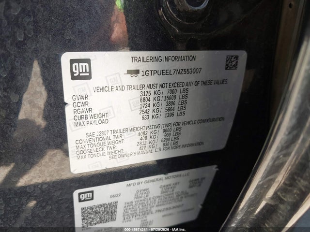 2022 Gmc Sierra 1500 4wd  Short Box At4 მანქანა იყიდება აუქციონზე, vin: 1GTPUEEL7NZ553007, აუქციონის ნომერი: 45674281