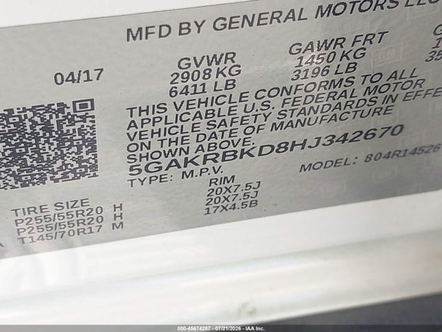 Продаж на аукціоні авто 2017 Buick Enclave Leather, vin: 5GAKRBKD8HJ342670, номер лоту: 45674287