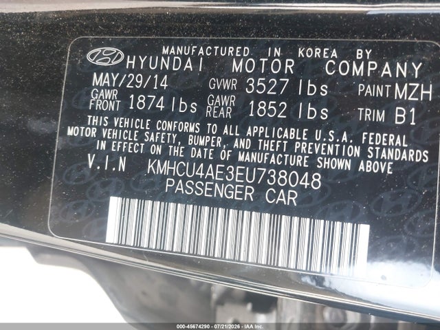 Продаж на аукціоні авто 2014 Hyundai Accent Gls, vin: KMHCU4AE3EU738048, номер лоту: 45674290