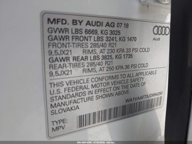 Продаж на аукціоні авто 2018 Audi Q7 3.0t Premium, vin: WA1VAAF73JD054250, номер лоту: 45674299