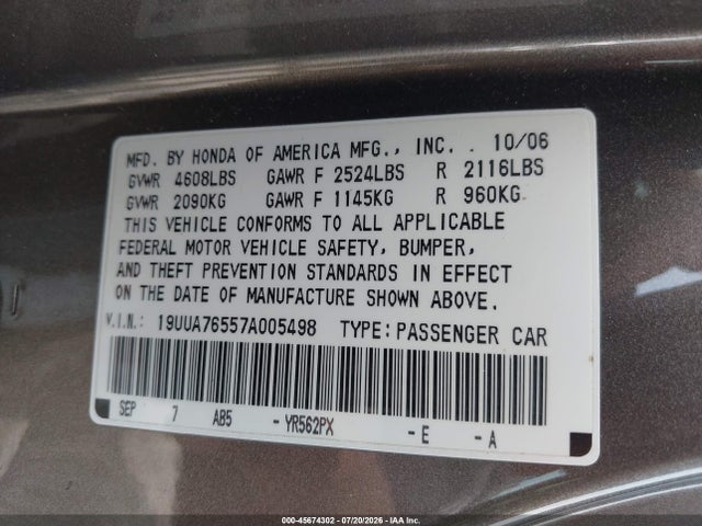 Продаж на аукціоні авто 2007 Acura Tl Type S, vin: 19UUA76557A005498, номер лоту: 45674302