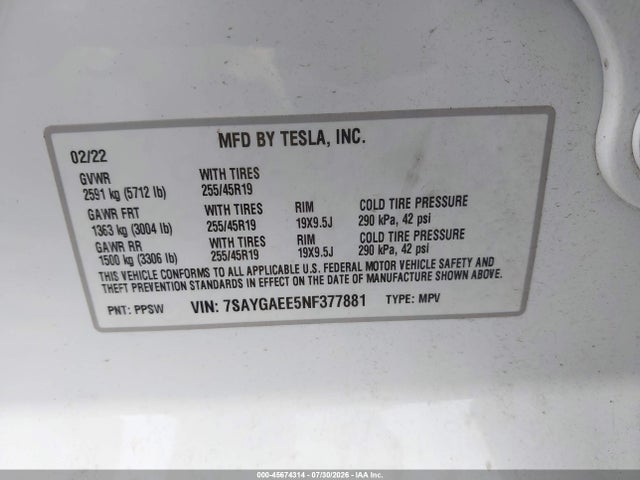 7SAYGAEE5NF377881 Tesla Model Y Long Range Dual Motor All-wheel Drive