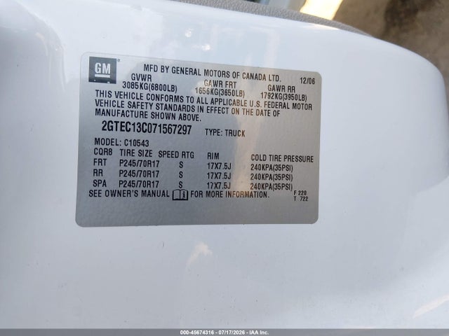 45674316 :رقم المزاد ، 2GTEC13C071567297 vin ، 2007 Gmc Sierra 1500 Sle1 مزاد بيع