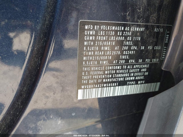 2015 Volkswagen Tiguan S მანქანა იყიდება აუქციონზე, vin: WVGBV7AX2FW585891, აუქციონის ნომერი: 45674324