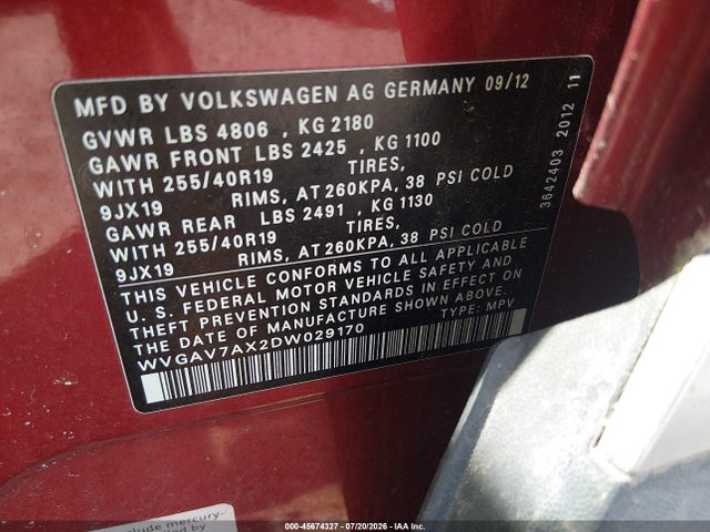 Продаж на аукціоні авто 2013 Volkswagen Tiguan Sel, vin: WVGAV7AX2DW029170, номер лоту: 45674327