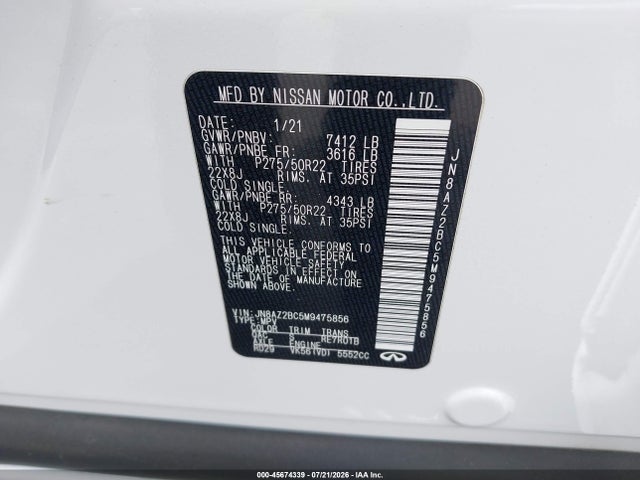 45674339 :رقم المزاد ، JN8AZ2BC5M9475856 vin ، 2021 Infiniti Qx80 Sensory Awd مزاد بيع