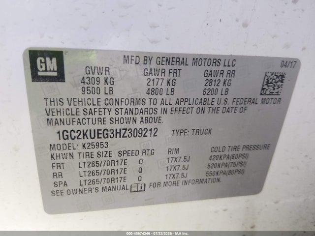 1GC2KUEG3HZ309212 Chevrolet Silverado 2500hd Work Truck