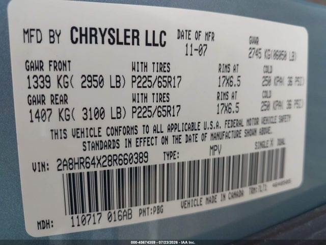 Продаж на аукціоні авто 2008 Chrysler Town & Country Limited, vin: 2A8HR64X28R660389, номер лоту: 45674359
